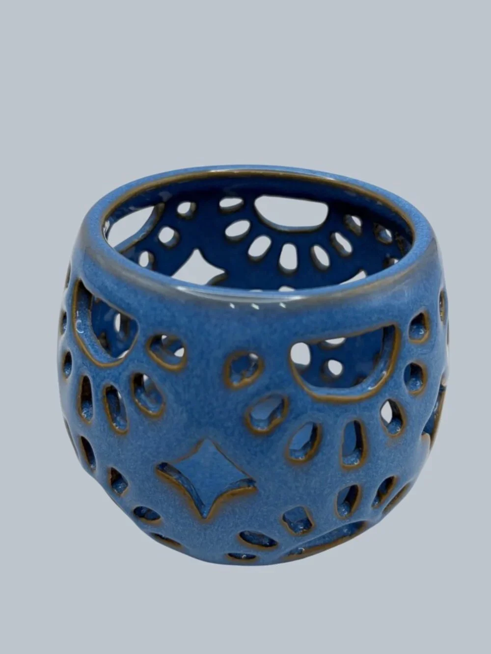 Pair Blue Pierced Ceramic Tea Light Candle Holders Lantern Votive Decor